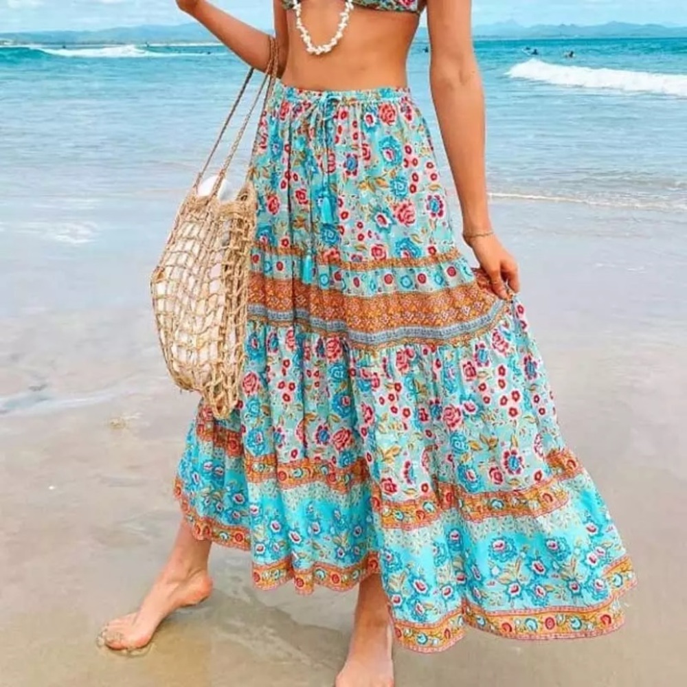 Blue Floral Bohemian Gypsy Long Skirt - Picture 2 of 10